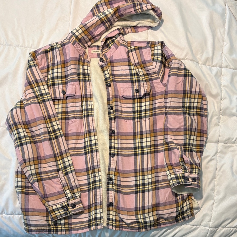 L.L. Bean Pink Plaid Hooded Fleece-Lined Shirt Jacket
